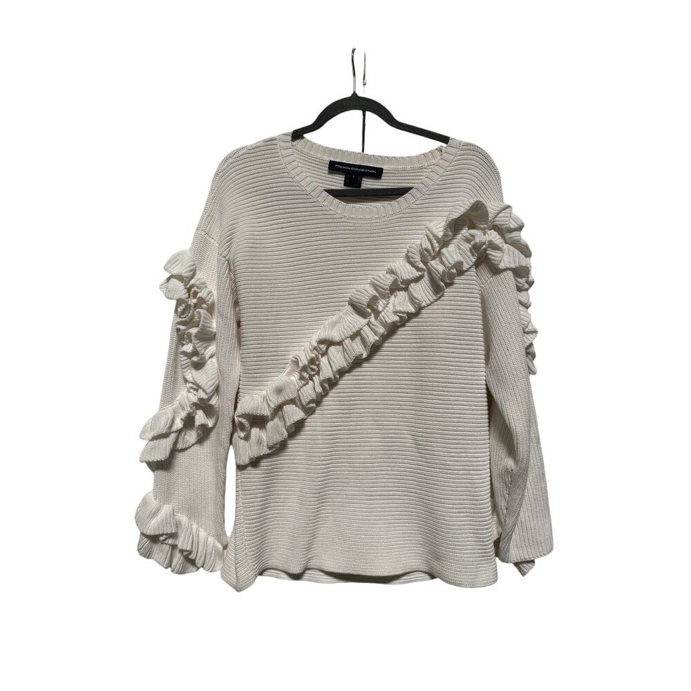 French Connection Sweater Womens Small White Ruffle 100% Cotton Cottage Romantic